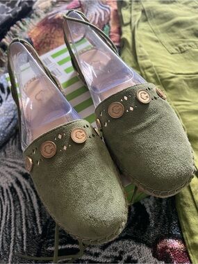 C. Wonder Olive Green Suede Espadrille Flats with Gold Medallions